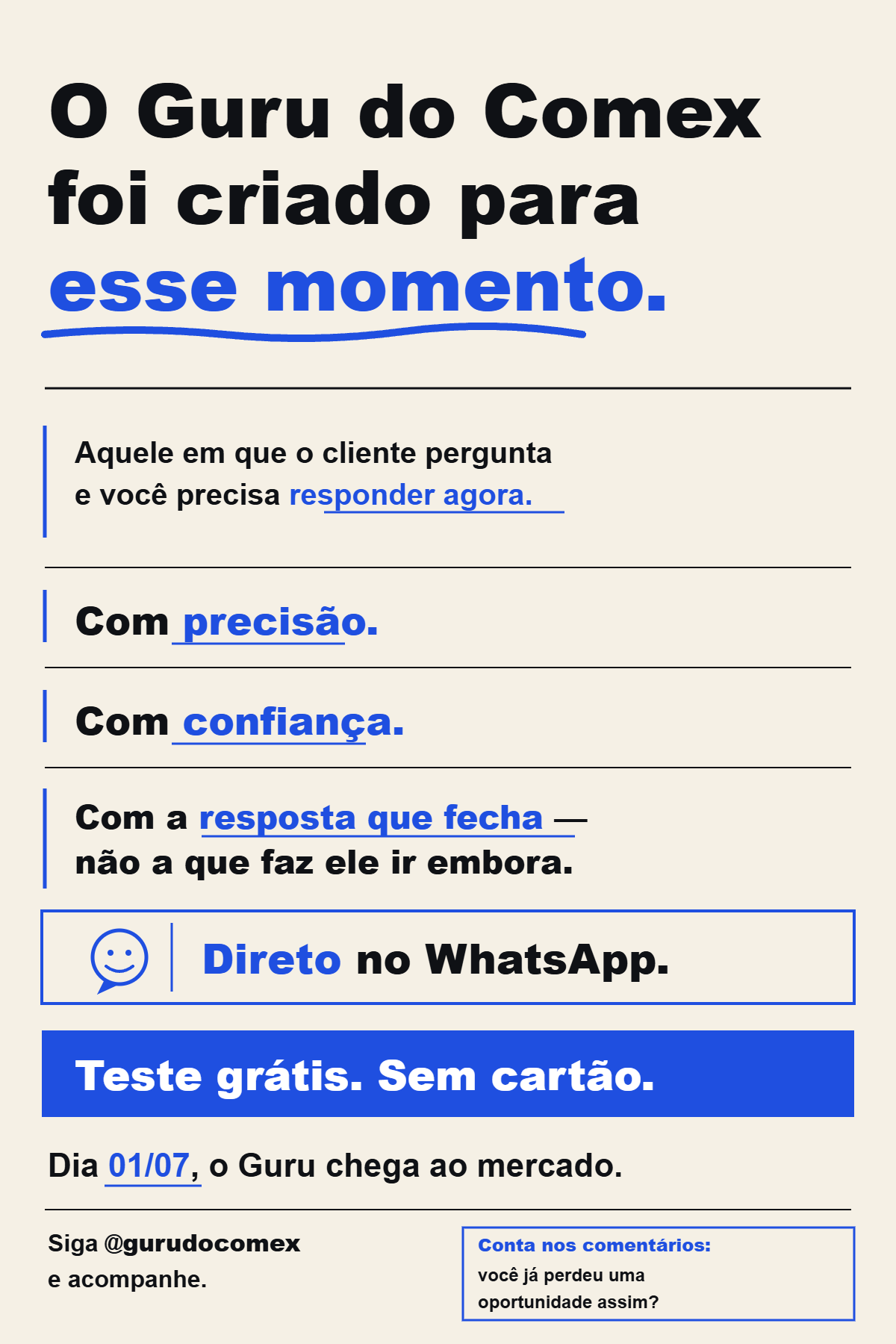 Guru do Comex — Teste grátis no WhatsApp, sem cartão. Lançamento 01/07.